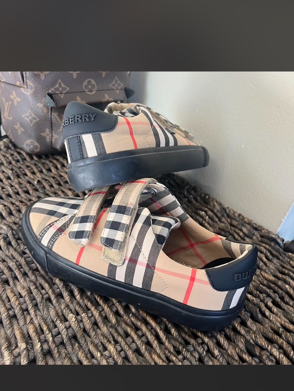 Burberry Beige & Black Kids Check Velcro Sneakers